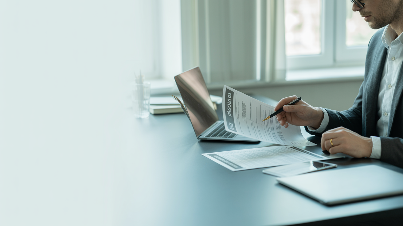 Professional reviewing insurance documents and claim paperwork